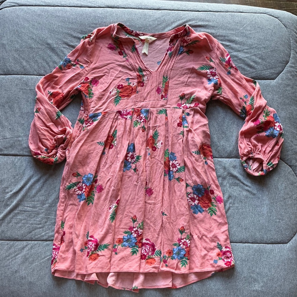 Matilda Jane Pink Floral Embroidered‎ Long Sleeve V Neck Tunic Dress